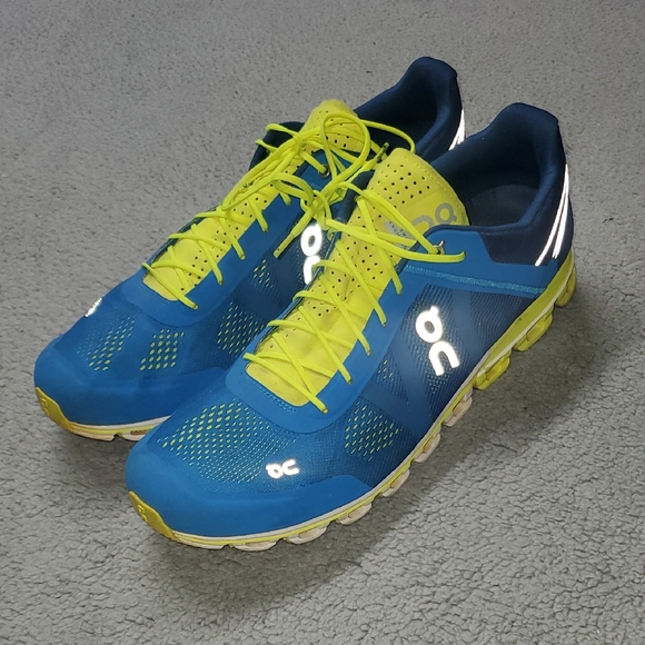 On Running Men's Athletic Shoes in Blue and Neon Yellow